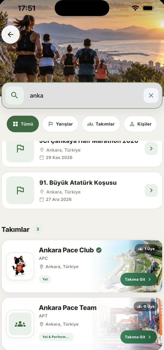 Arama sonuçları: yarışlar, takımlar ve kişiler ayrı ayrı listeleniyor