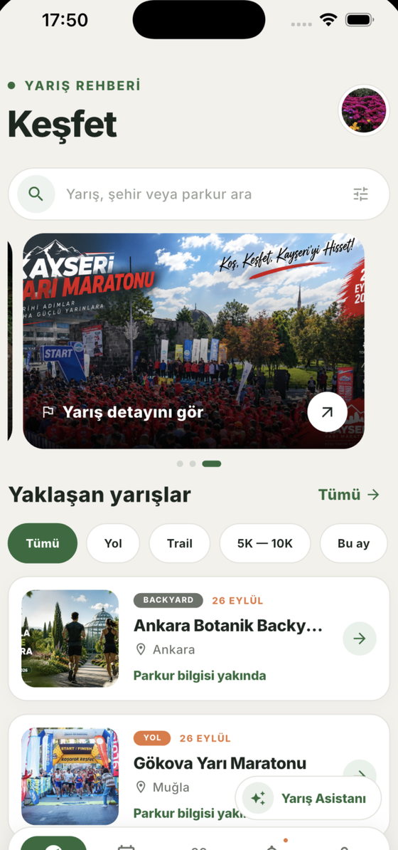 Runex App keşfet ekranı: yarış araması ve yaklaşan yarışlar listesi