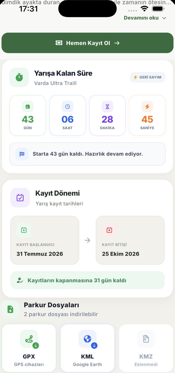 Geri sayım, kayıt dönemi ve indirilebilir parkur dosyaları
