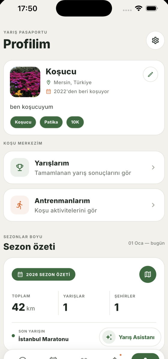 Profil ekranı: yarış pasaportu ve sezon özeti
