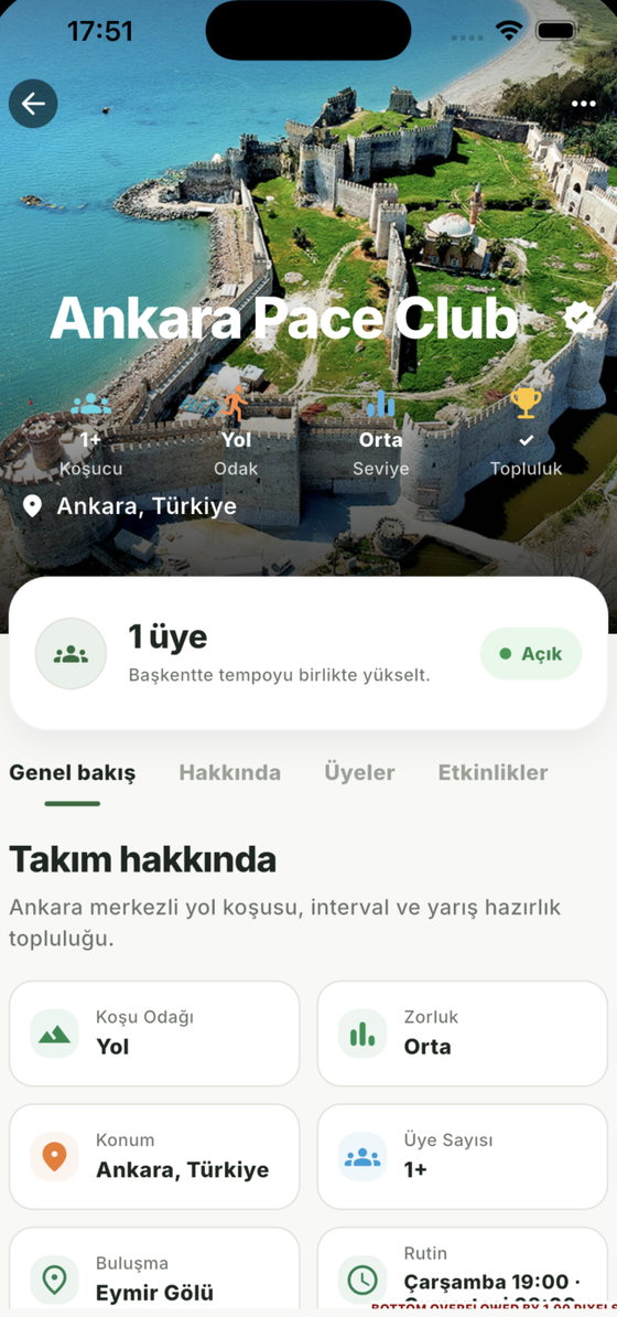 Ankara Pace Club takım sayfası: koşu odağı, buluşma noktası ve haftalık rutin