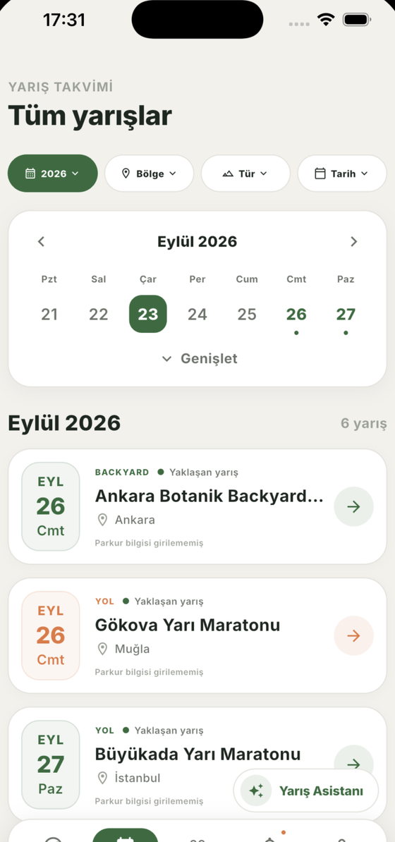 Runex App yarış takvimi: aylara göre yarış listesi ve bölge, tür, tarih filtreleri