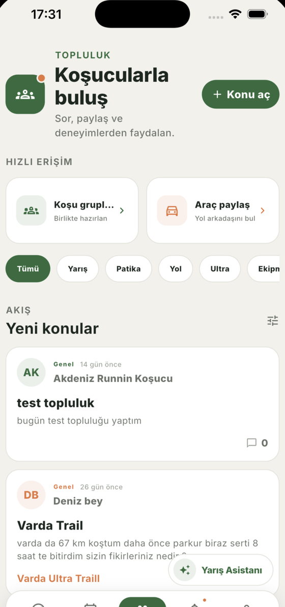 Topluluk ekranı: koşu grupları, araç paylaşımı ve konu akışı