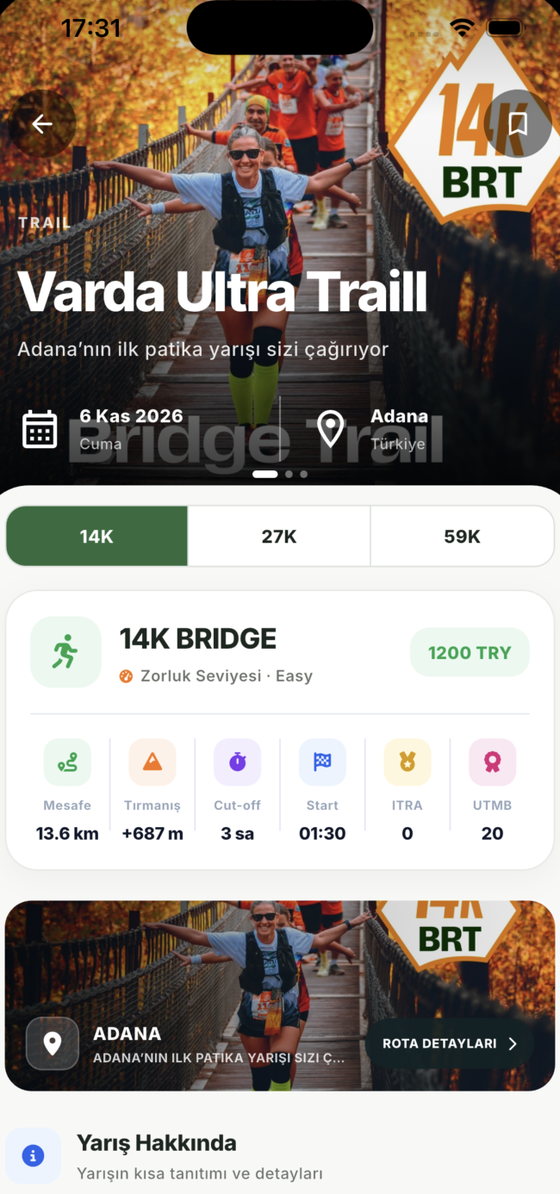 Varda Ultra Trail yarış detayı: mesafe sekmeleri ve parkur bilgileri